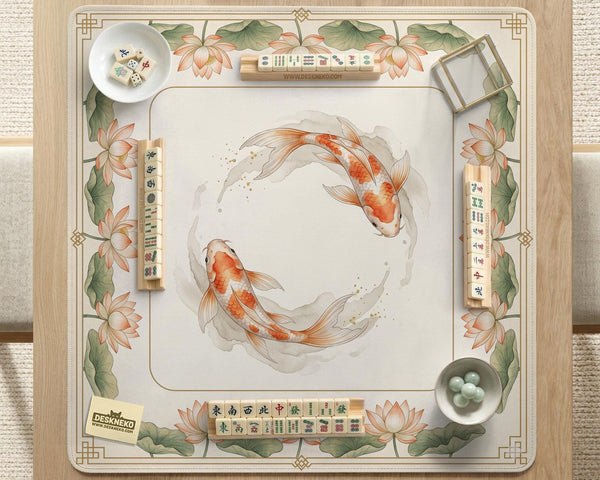 Ivory square mahjong mat with watercolor koi fish, lotus flowers, peach blossoms, sage leaves, and a thin gold border.