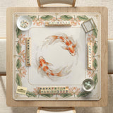 Ivory square mahjong mat with watercolor koi fish, lotus flowers, peach blossoms, sage leaves, and a thin gold border.