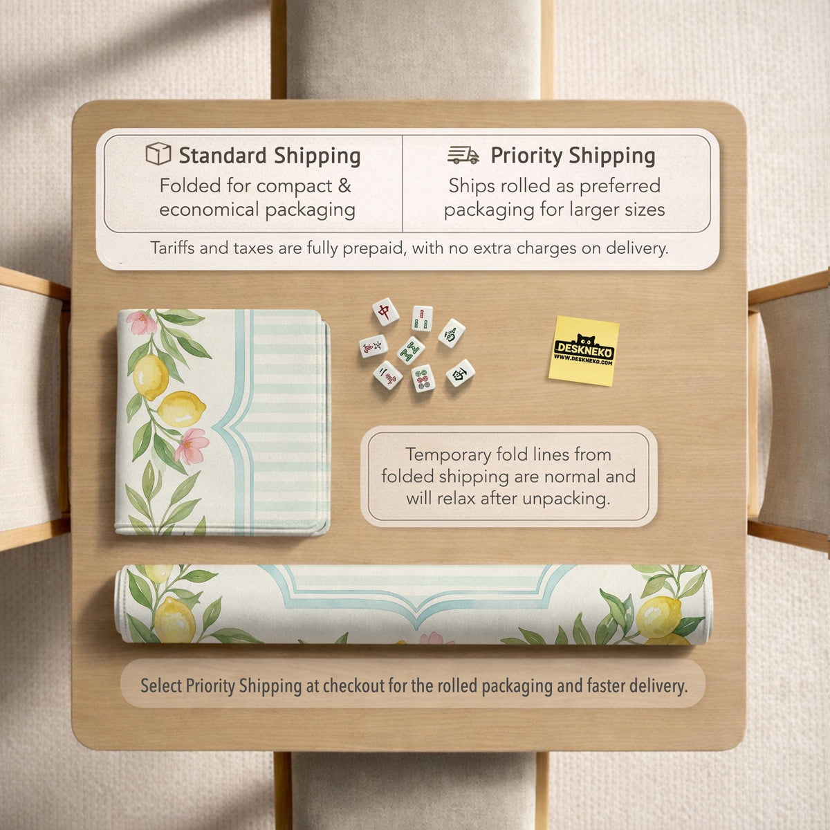 Square yellow mahjong mat with a citrus garden border, green vines, pink blossoms, aqua accents, and a plain center play area.