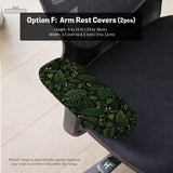 Forest green chair cover with a tropical leaf pattern featuring monstera leaves and small cream flowers.