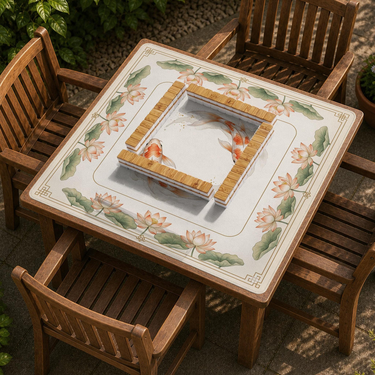Ivory square mahjong mat with watercolor koi fish, lotus flowers, peach blossoms, sage leaves, and a thin gold border.