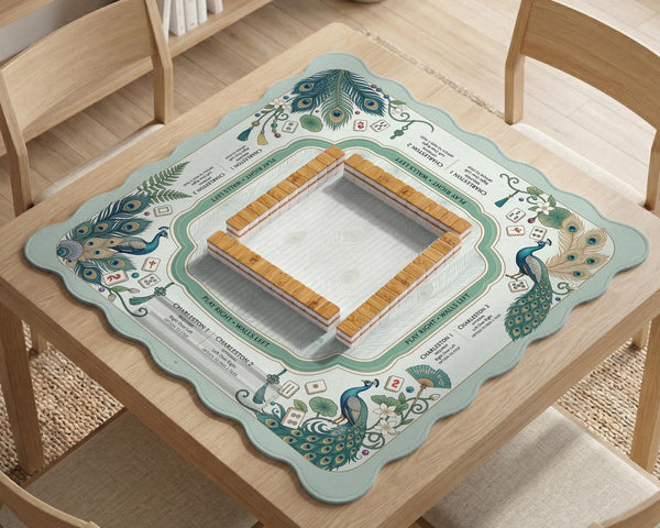 Teal square mahjong mat with peacock feathers, soft floral pattern, tassel details, and printed rule guide text in the center.
