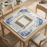 Blue and white square mahjong mat with lucky cat artwork, floral chinoiserie pattern, tile icons, and a rule guide layout.