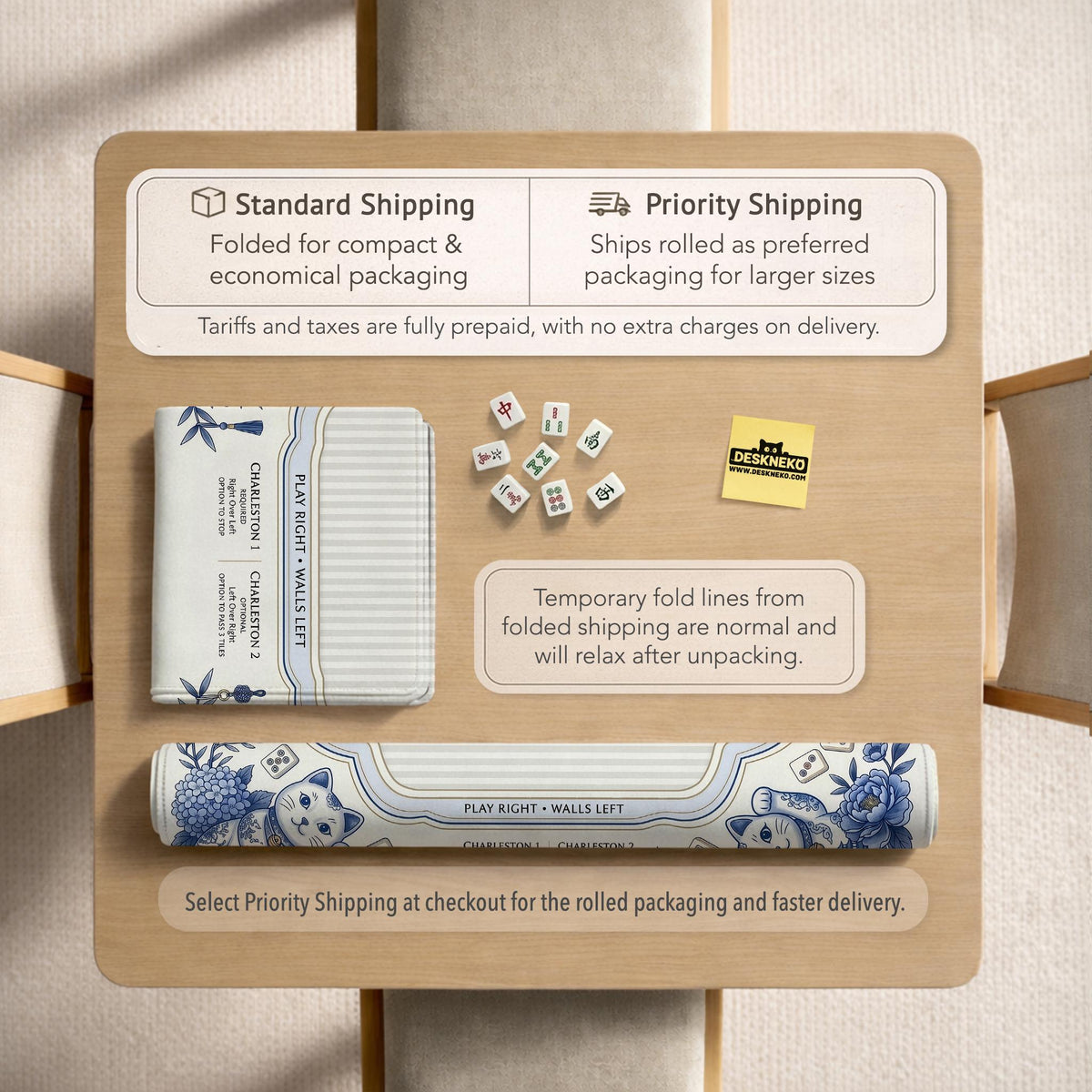 Blue and white square mahjong mat with lucky cat artwork, floral chinoiserie pattern, tile icons, and a rule guide layout.