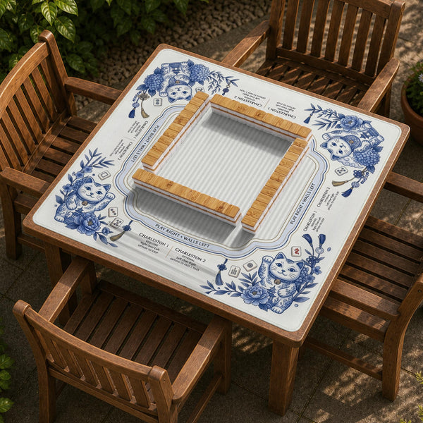 Blue and white square mahjong mat with lucky cat artwork, floral chinoiserie pattern, tile icons, and a rule guide layout.