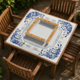 Blue and white square mahjong mat with lucky cat artwork, floral chinoiserie pattern, tile icons, and a rule guide layout.