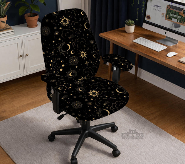 Black chair cover with a gold astrology print of moons, suns, stars, and symbols on a gaming chair.