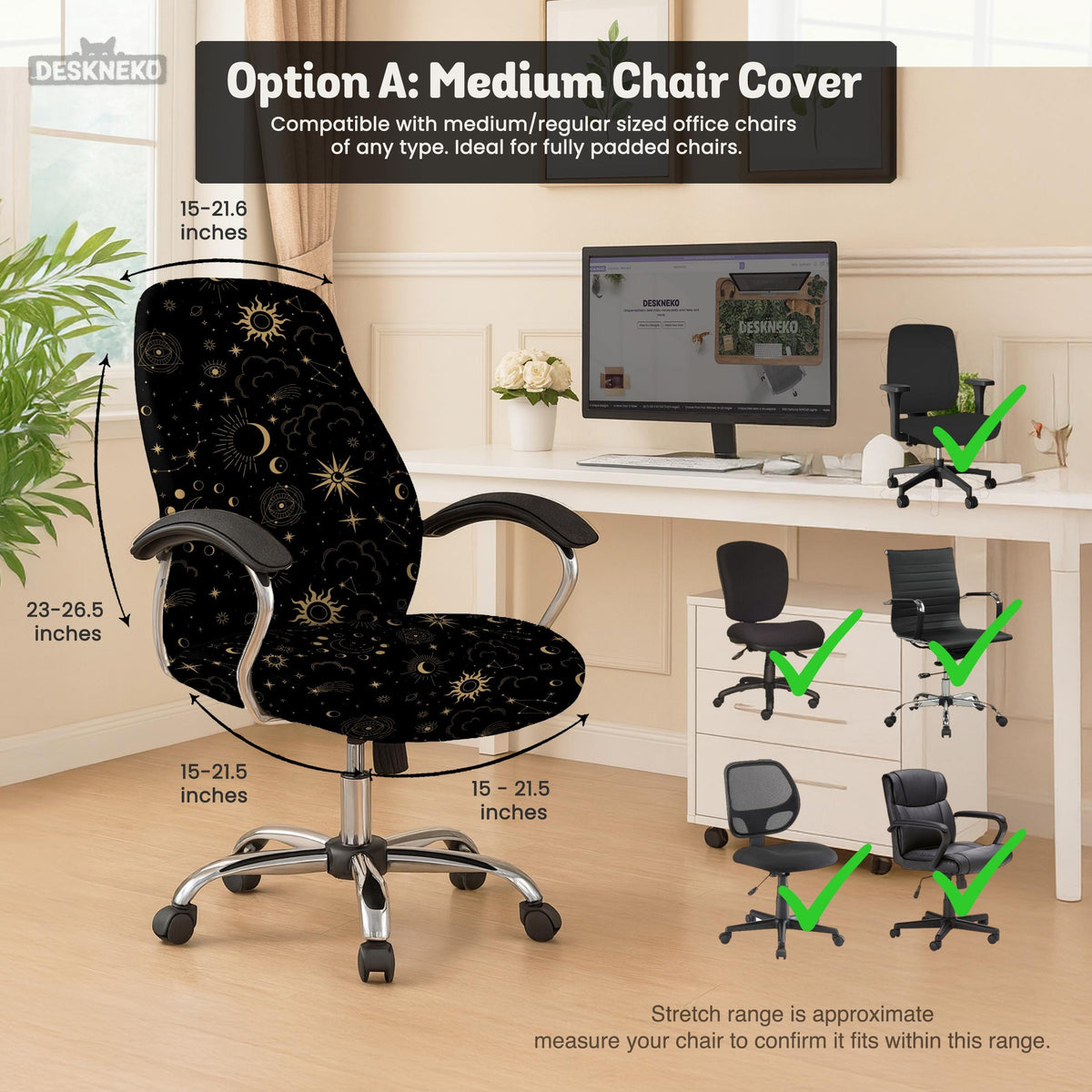 Black chair cover with gold moons, suns, stars, constellations, and line art printed across the fabric.