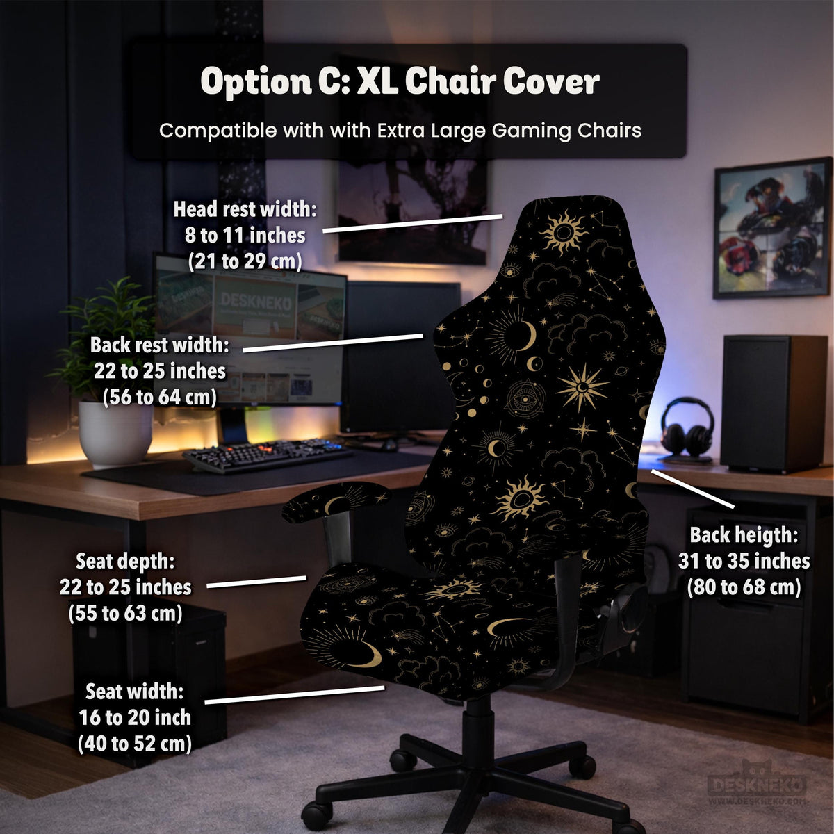 Black chair cover with gold moons, suns, stars, constellations, and line art printed across the fabric.