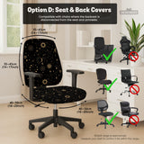 Black chair cover with a gold astrology print of moons, suns, stars, and symbols on a gaming chair.