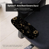 Black chair cover with gold moons, suns, stars, constellations, and line art printed across the fabric.