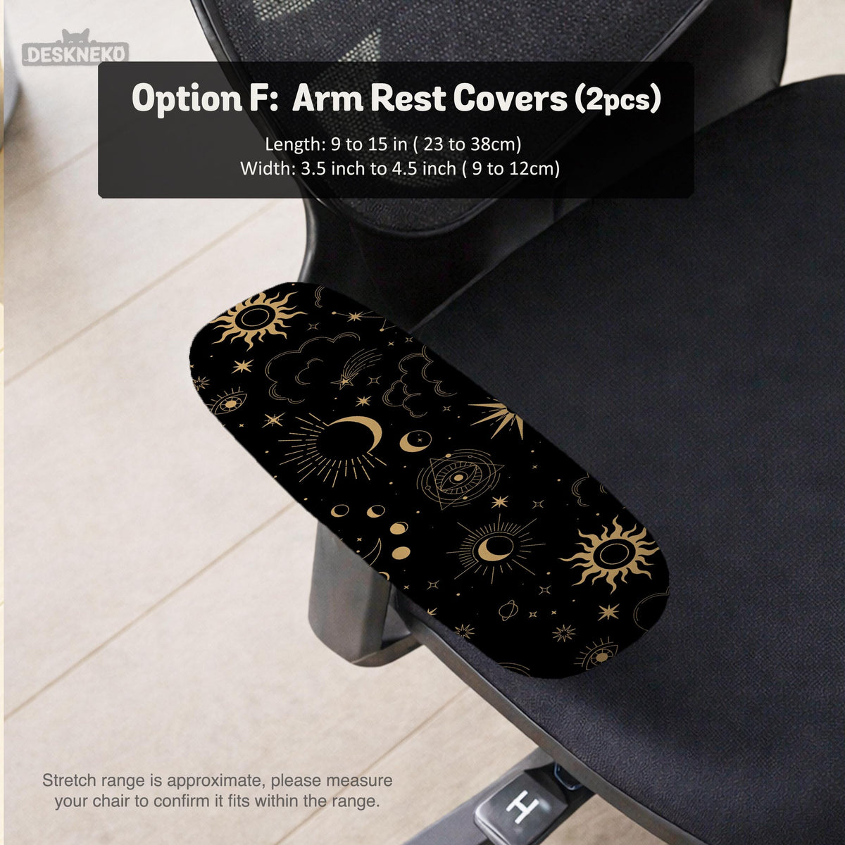 Black chair cover with a gold astrology print of moons, suns, stars, and symbols on a gaming chair.