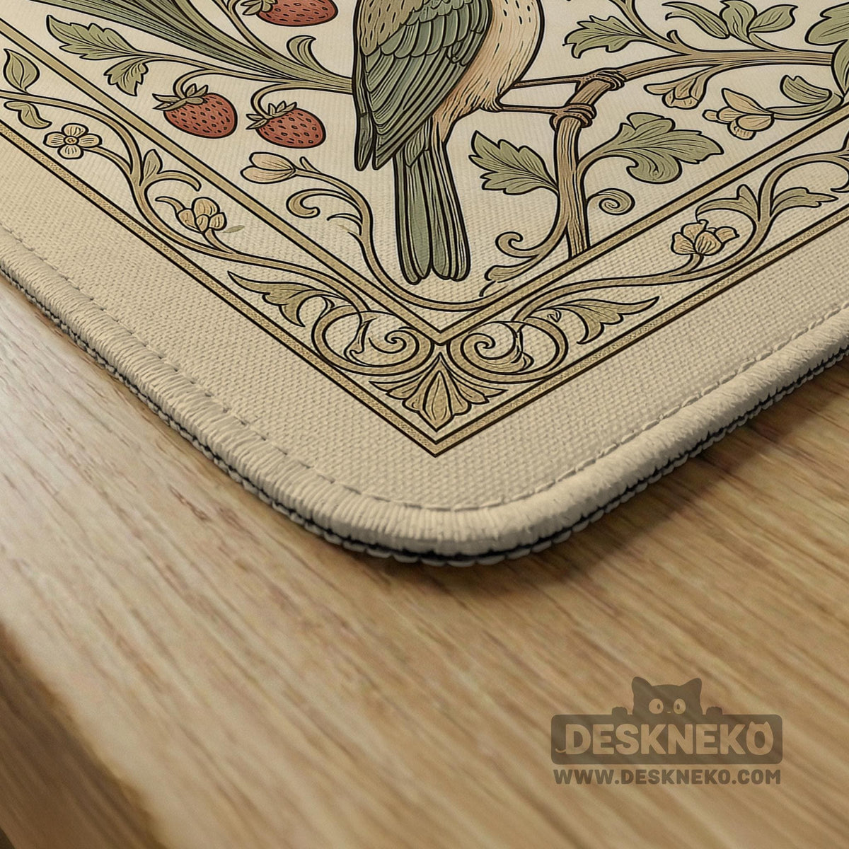 Square mahjong table mat with vintage bird artwork, floral border detail, and sage green, cream, muted blue, and terracotta tones.