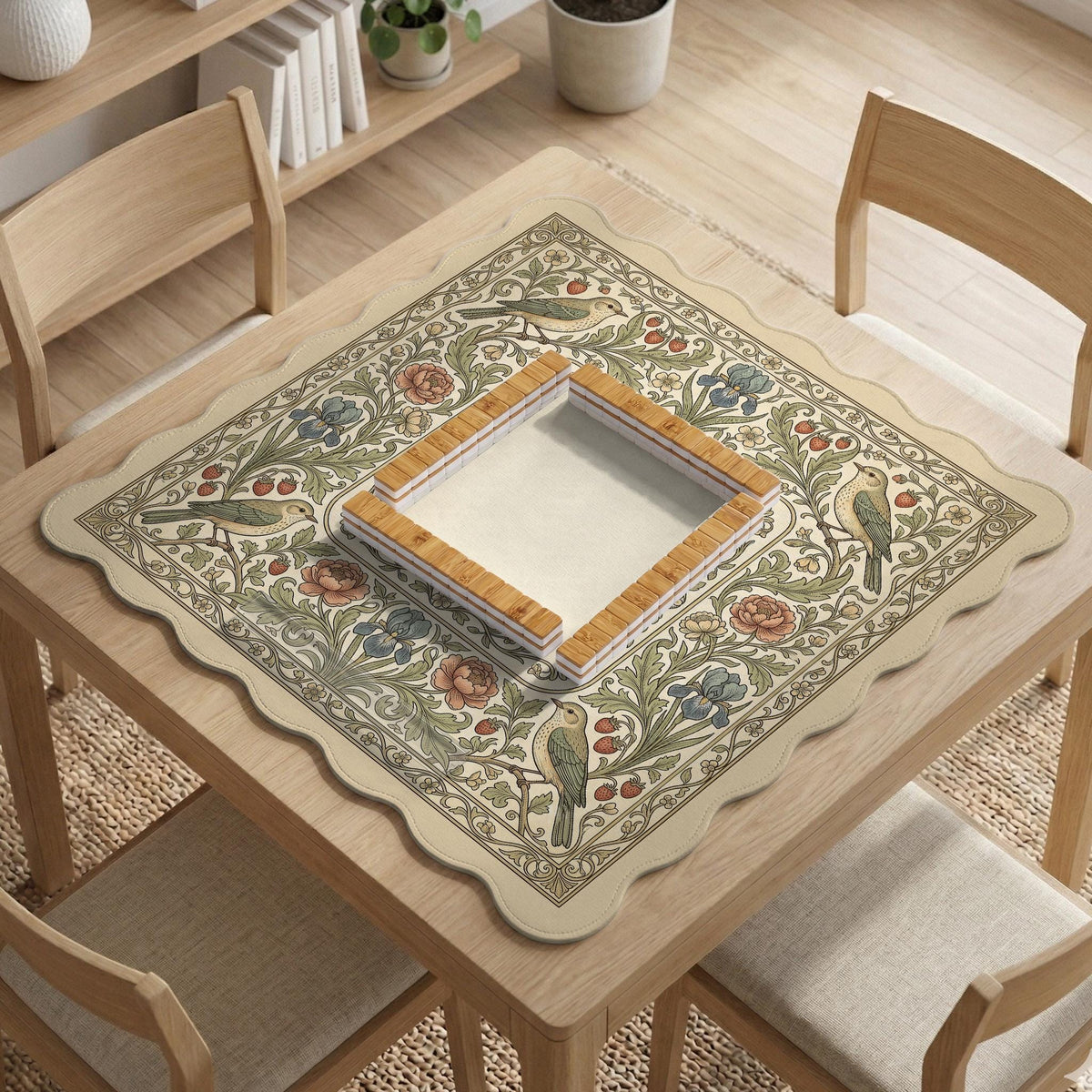 Square mahjong table mat with vintage bird artwork, floral border detail, and sage green, cream, muted blue, and terracotta tones.