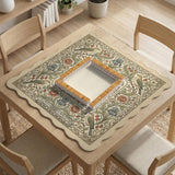 Square mahjong table mat with vintage bird artwork, floral border detail, and sage green, cream, muted blue, and terracotta tones.