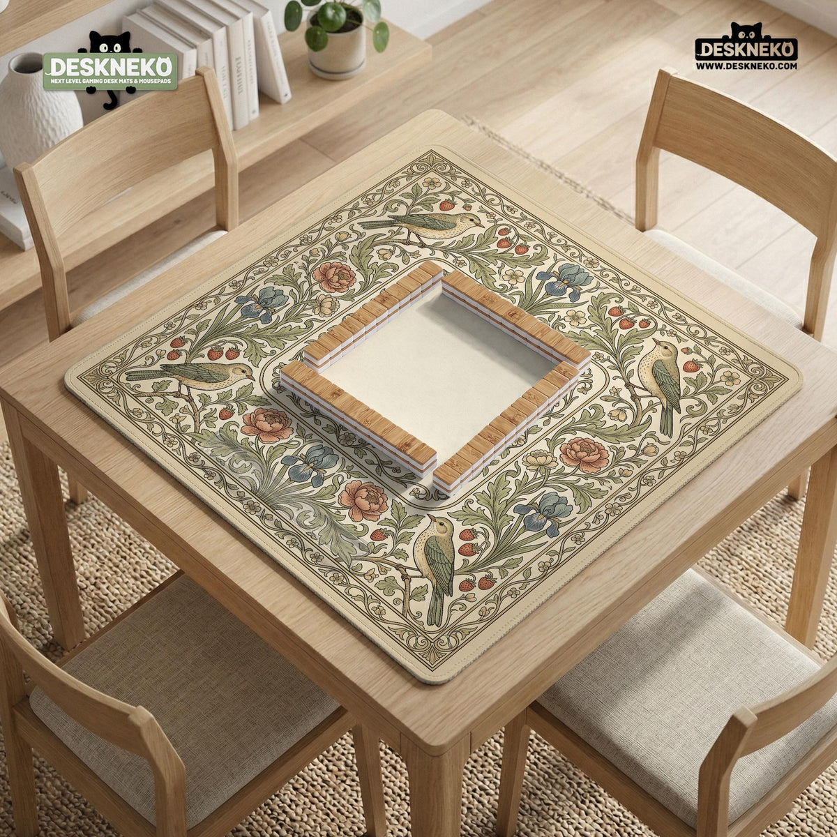 Square mahjong table mat with vintage bird artwork, floral border detail, and sage green, cream, muted blue, and terracotta tones.