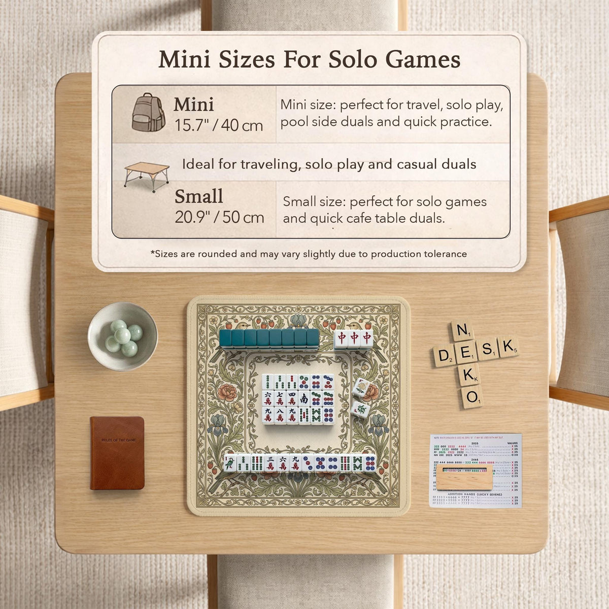 Square mahjong table mat with vintage bird artwork, floral border detail, and sage green, cream, muted blue, and terracotta tones.