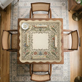 Square mahjong table mat with vintage bird artwork, floral border detail, and sage green, cream, muted blue, and terracotta tones.