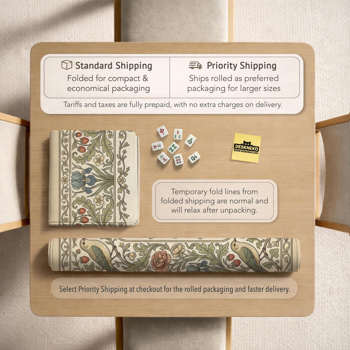 Square mahjong table mat with vintage bird artwork, floral border detail, and sage green, cream, muted blue, and terracotta tones.