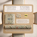 Square mahjong table mat with vintage bird artwork, floral border detail, and sage green, cream, muted blue, and terracotta tones.