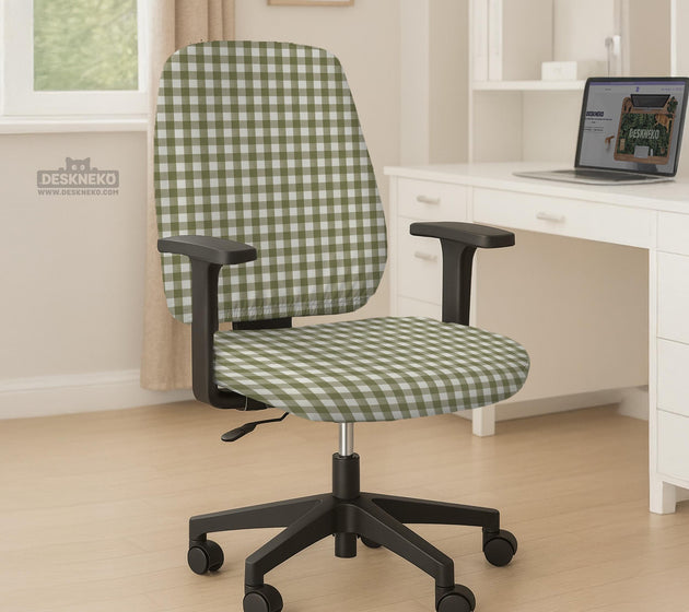 Olive green and white check desk chair cover shown on a chair, with stretch fabric, armrest cover options, and multiple fit choices listed.