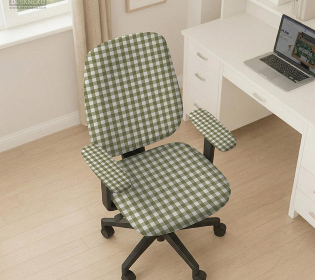 Olive green and white check desk chair cover shown on a chair, with stretch fabric, armrest cover options, and multiple fit choices listed.