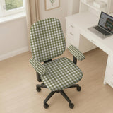 Olive green and white check desk chair cover shown on a chair, with stretch fabric, armrest cover options, and multiple fit choices listed.