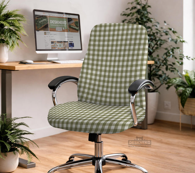 Olive green and white check desk chair cover shown on a chair, with stretch fabric, armrest cover options, and multiple fit choices listed.