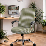 Olive green and white check desk chair cover shown on a chair, with stretch fabric, armrest cover options, and multiple fit choices listed.