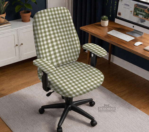 Olive green and white check desk chair cover shown on a chair, with stretch fabric, armrest cover options, and multiple fit choices listed.