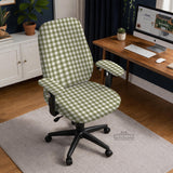 Olive green and white check desk chair cover shown on a chair, with stretch fabric, armrest cover options, and multiple fit choices listed.