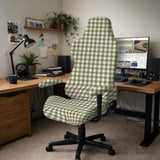Olive green and white check desk chair cover shown on a chair, with stretch fabric, armrest cover options, and multiple fit choices listed.