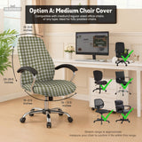 Olive green and white check desk chair cover shown on a chair, with stretch fabric, armrest cover options, and multiple fit choices listed.