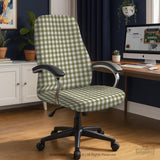 Olive green and white check desk chair cover shown on a chair, with stretch fabric, armrest cover options, and multiple fit choices listed.