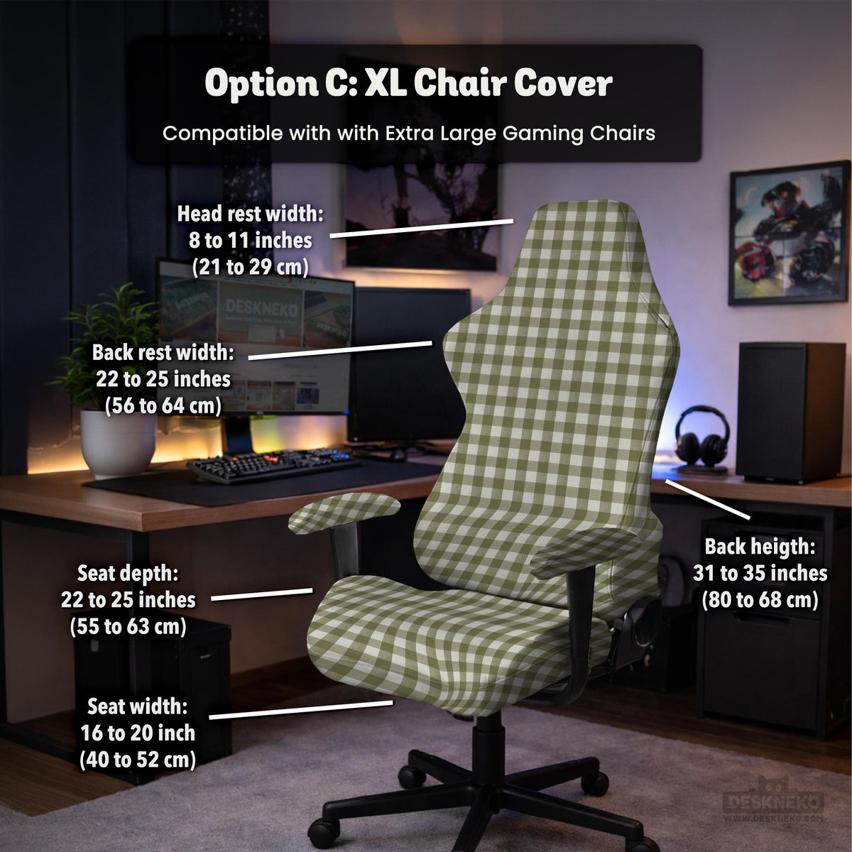 Olive green and white check desk chair cover shown on a chair, with stretch fabric, armrest cover options, and multiple fit choices listed.