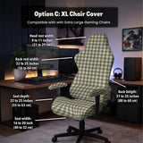 Olive green and white check desk chair cover shown on a chair, with stretch fabric, armrest cover options, and multiple fit choices listed.