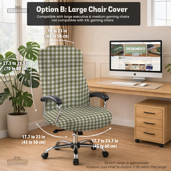 Olive green and white check desk chair cover shown on a chair, with stretch fabric, armrest cover options, and multiple fit choices listed.