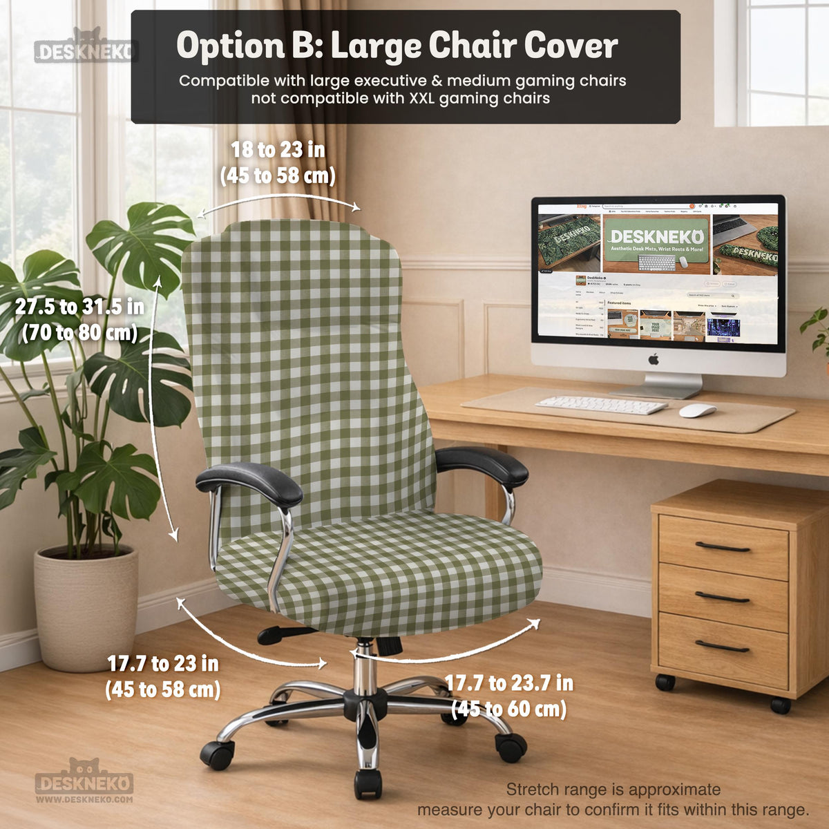Olive green and white check desk chair cover shown on a chair, with stretch fabric, armrest cover options, and multiple fit choices listed.