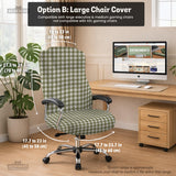 Olive green and white check desk chair cover shown on a chair, with stretch fabric, armrest cover options, and multiple fit choices listed.
