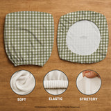 Olive green and white check desk chair cover shown on a chair, with stretch fabric, armrest cover options, and multiple fit choices listed.