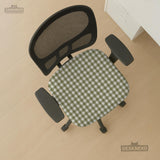 Olive green and white check desk chair cover shown on a chair, with stretch fabric, armrest cover options, and multiple fit choices listed.