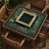 Square emerald green mahjong mat with bamboo line art, gold geometric cloud shapes, and a plain center playing area.
