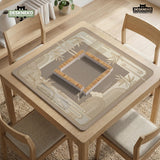 Beige and gold square mahjong mat with a bamboo pattern and geometric border.