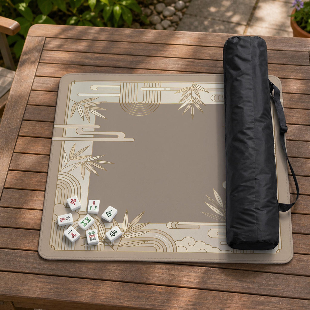 Beige and gold square mahjong mat with a bamboo pattern and geometric border.