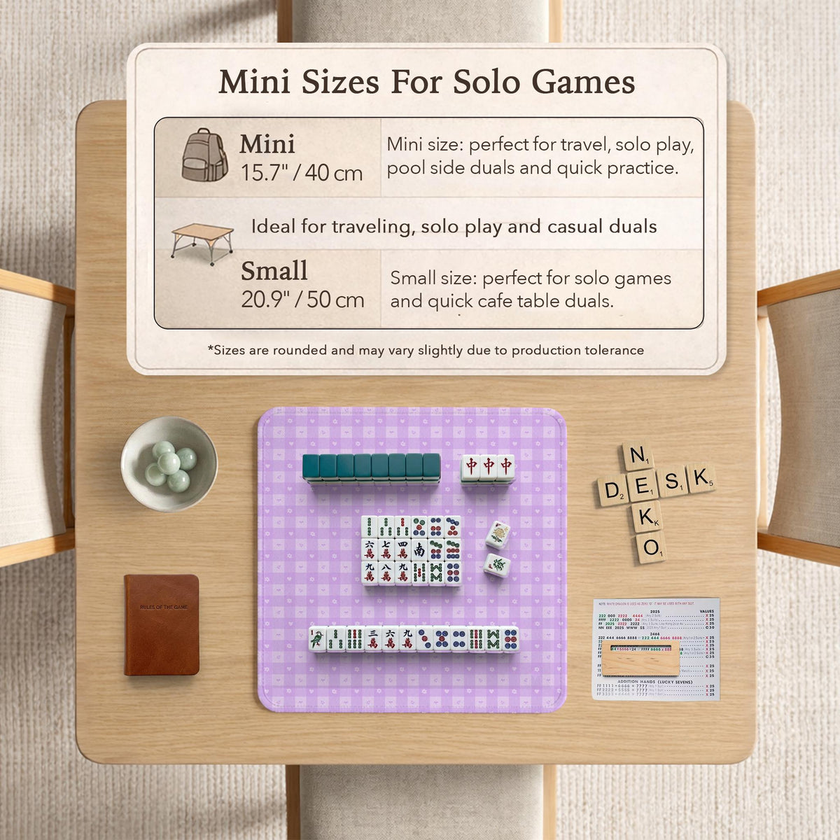 Lavender gingham mahjong mat with a scalloped edge and a pastel check pattern.