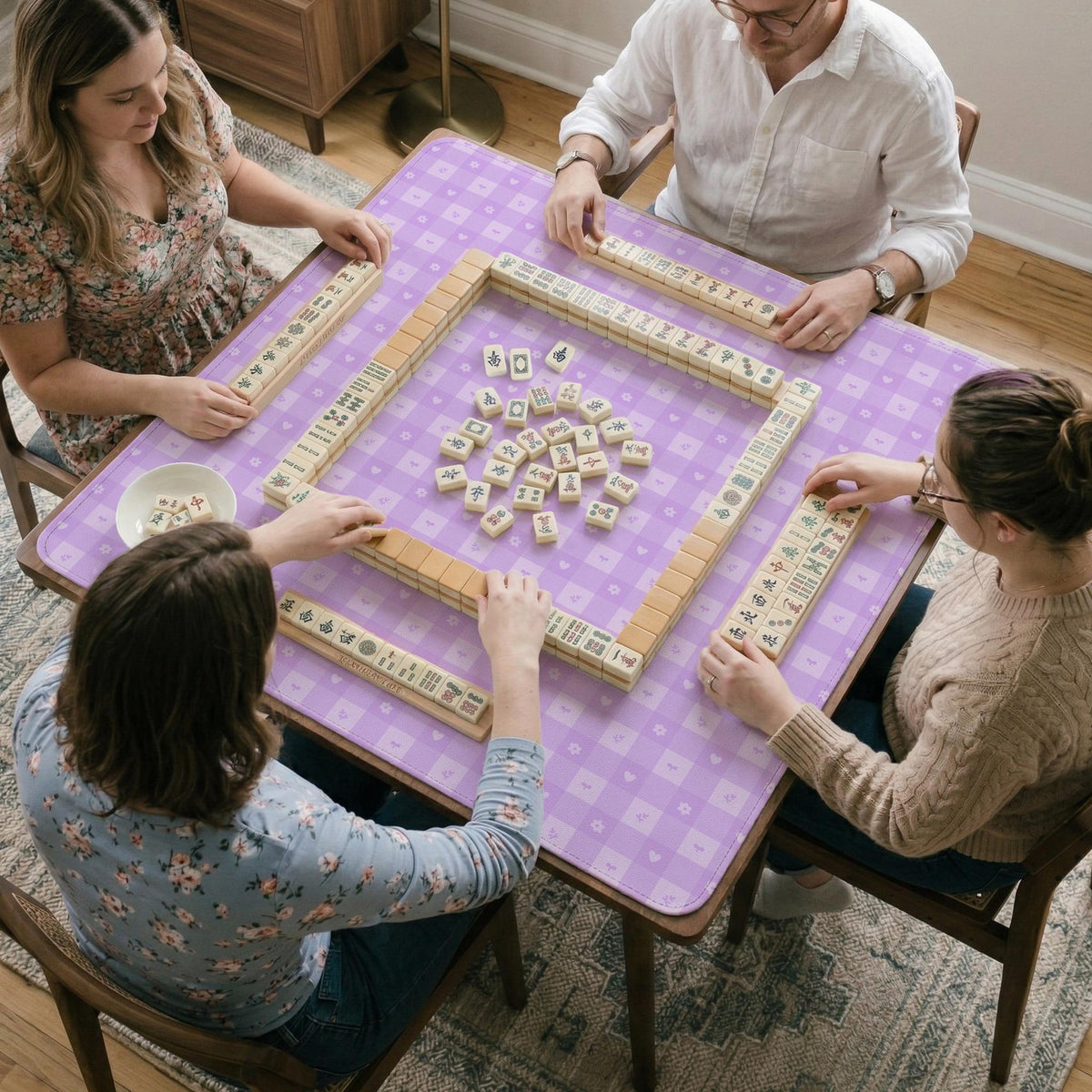 Lavender gingham mahjong mat with a scalloped edge and a pastel check pattern.