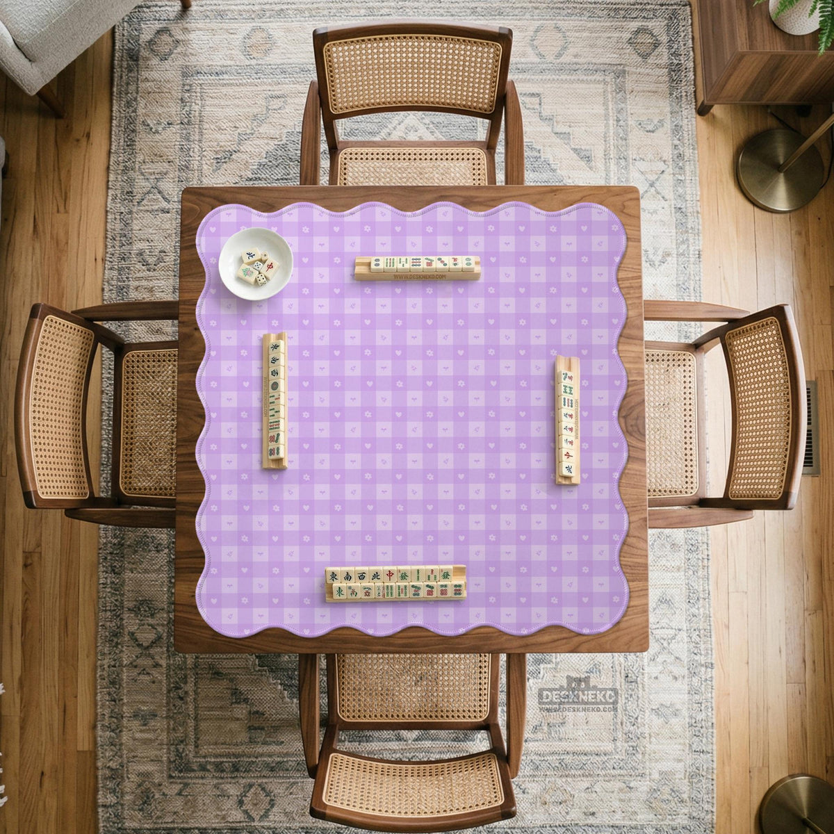 Lavender gingham mahjong mat with a scalloped edge and a pastel check pattern.