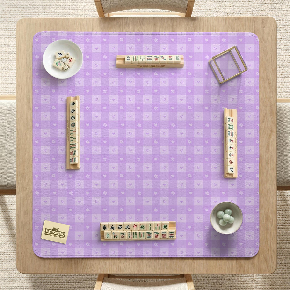 Lavender gingham mahjong mat with a scalloped edge and a pastel check pattern.