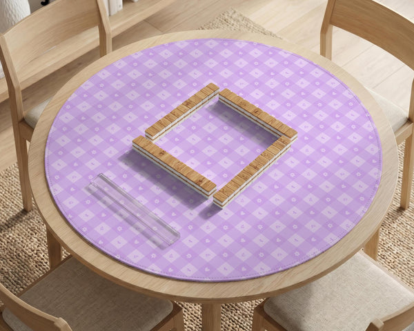 Lavender gingham mahjong mat with a scalloped edge and a pastel check pattern.