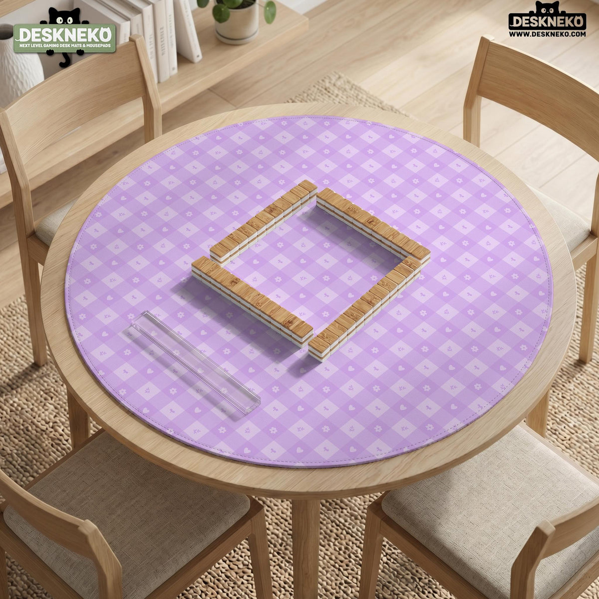 Lavender gingham mahjong mat with a scalloped edge and a pastel check pattern.